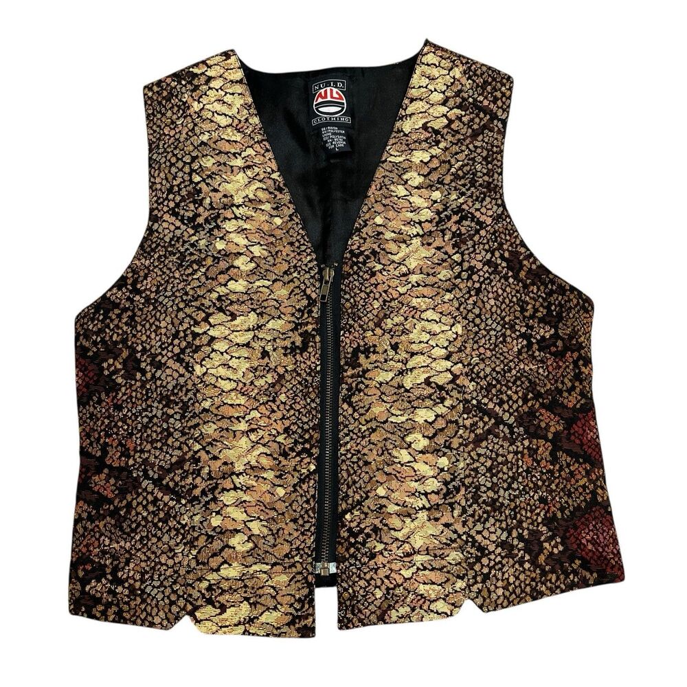 NU-ID Women’s Tapestry Brocade Vest Size Large Tan & Black 90s/00s Vintage Snake